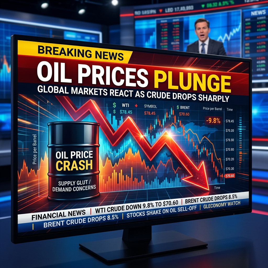 Breaking news on oil prices plunging with global markets reacting to sharp crude drops