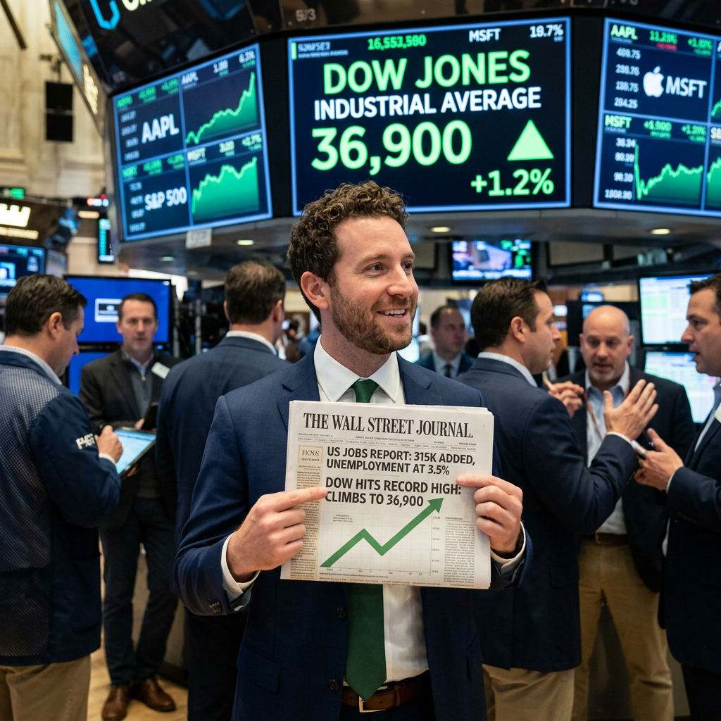 Trader holding Wall Street Journal with Dow Jones record high 36,900 and positive stock market screens in background