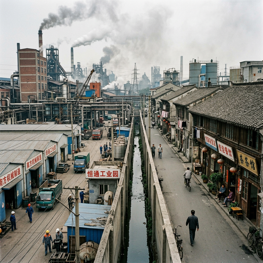 Industrial factory district with smoke stacks emitting smoke and adjacent street with pedestrians and cyclists