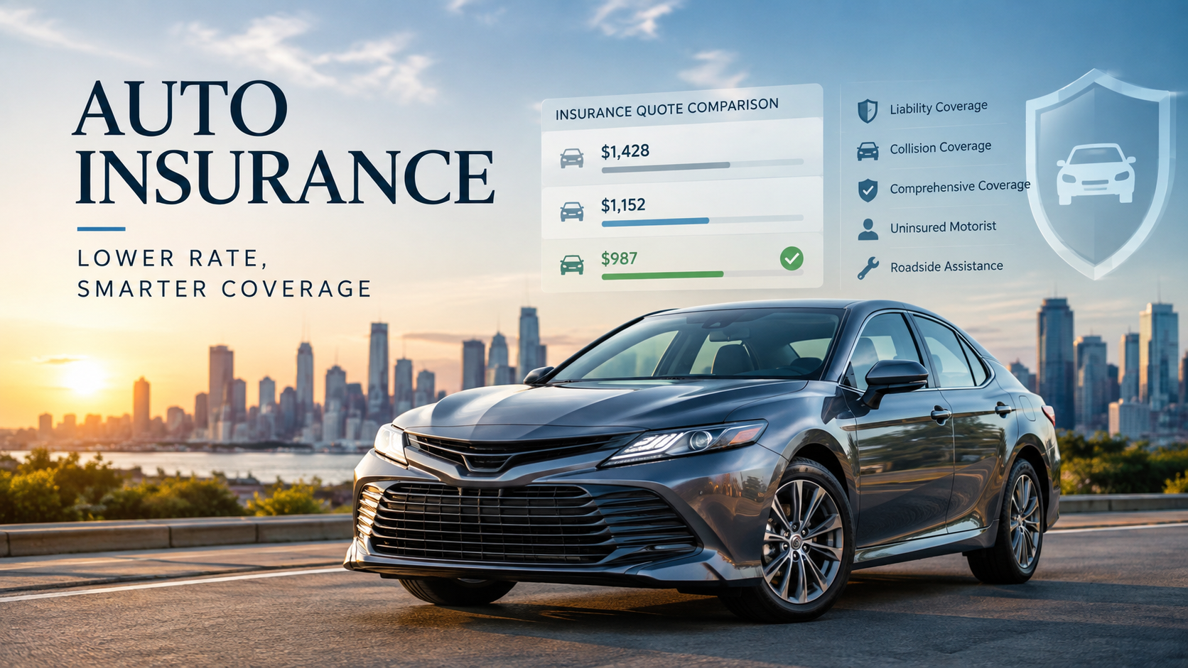 Auto insurance comparison showing a modern sedan with insurance quote rates, coverage options, and a protection shield, illustrating how drivers can find lower rates while maintaining coverage.