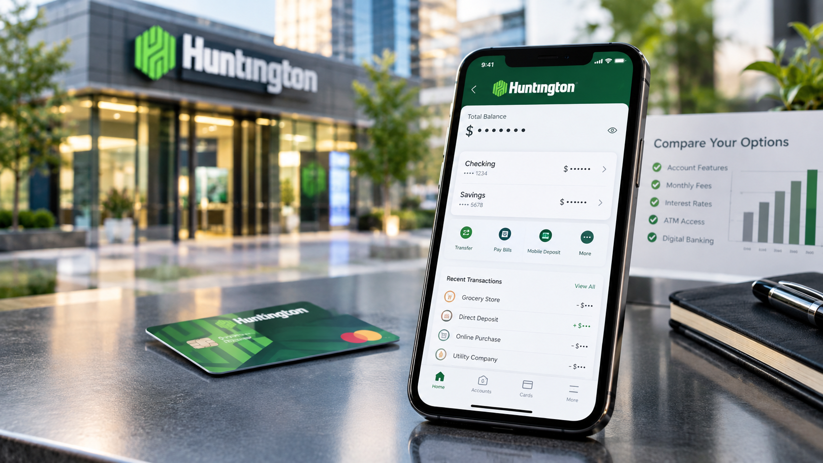 Huntington online banking app displayed on a smartphone beside a Huntington bank card, with a modern bank branch and financial comparison graphic in the background.